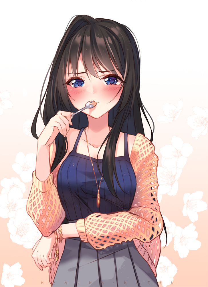 1girl, argyle_cutout, arm_across_waist, artist_name, bangs, black_hair, blue_eyes, blush