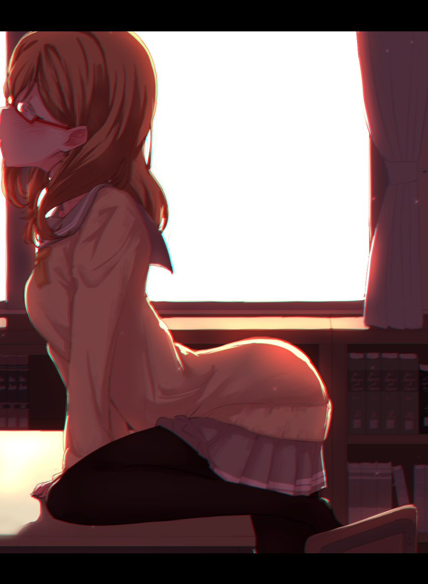 1girl, ass, bangs, black_legwear, book, bookshelf, bow, bowtie