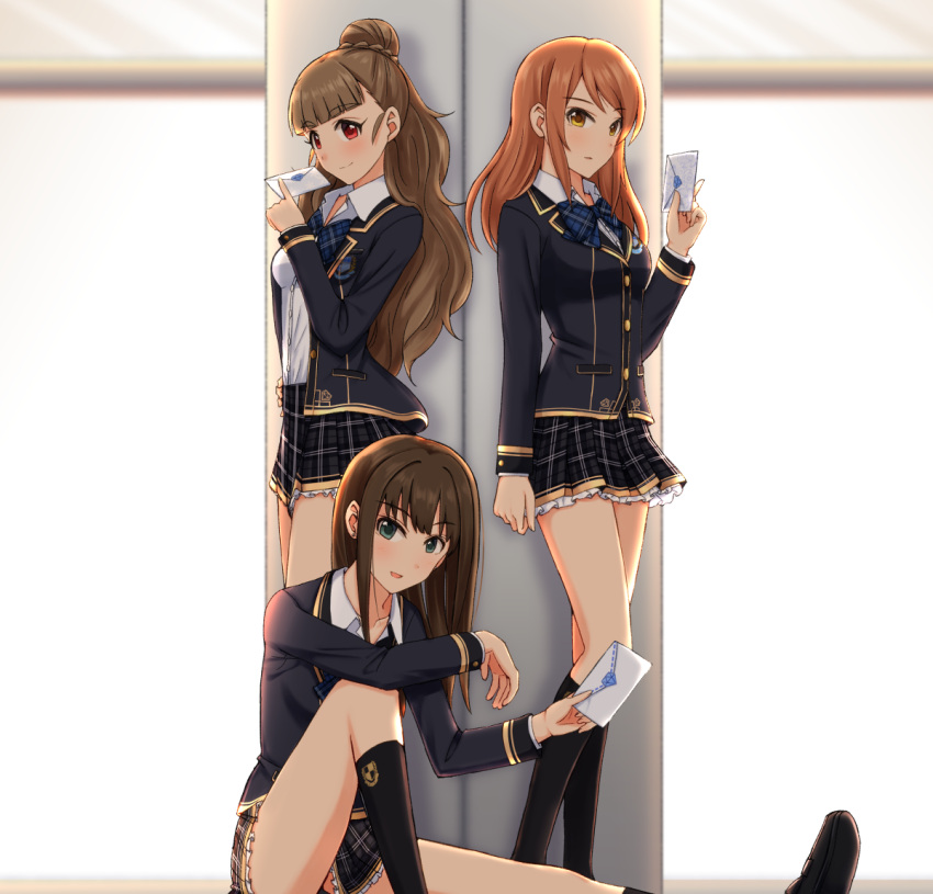 3girls, black_jacket, black_legwear, black_skirt, blue_eyes, blush, bow, bowtie, breasts, brown_eyes, brown_hair, commentary_request, frilled_skirt, frills, hair_bun, holding_envelope, houjou_karen, idolmaster, idolmaster_cinderella_girls, jacket, justice/ryo, kamiya_nao, letter, light_smile, long_hair, looking_at_viewer, love_letter, love_letter_(idolmaster), medium_breasts, multiple_girls, orange_hair, plaid, plaid_neckwear, plaid_skirt, red_eyes, school_uniform, shibuya_rin, shirt, sitting, skirt, smile, socks, standing, triad_primus, white_shirt