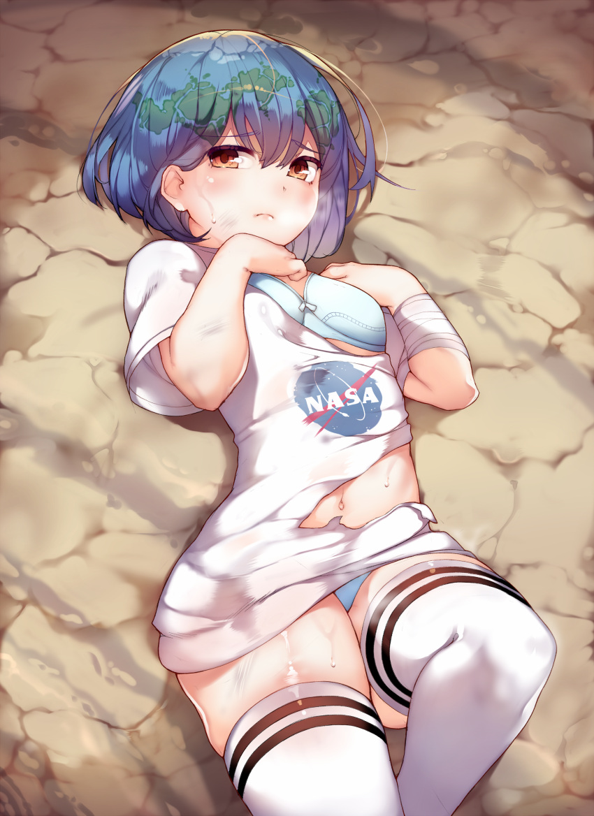 1girl, absurdres, bandage, bandaged_arm, bandages, bangs, blue_bra, blue_hair