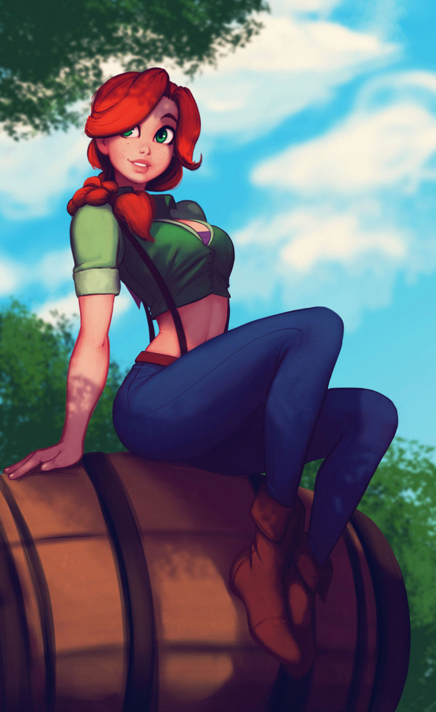 1girl, absurdres, barrel, blue_sky, braid, breasts, brown_footwear, carlos_eduardo, clouds, cloudy_sky, collared_shirt, denim, green_eyes, highres, jeans, leah_(stardew_valley), long_hair, medium_breasts, midriff, orange_hair, outdoors, pants, parted_lips, shirt, short_sleeves, sitting, sky, smile, solo, stardew_valley, suspenders, tree