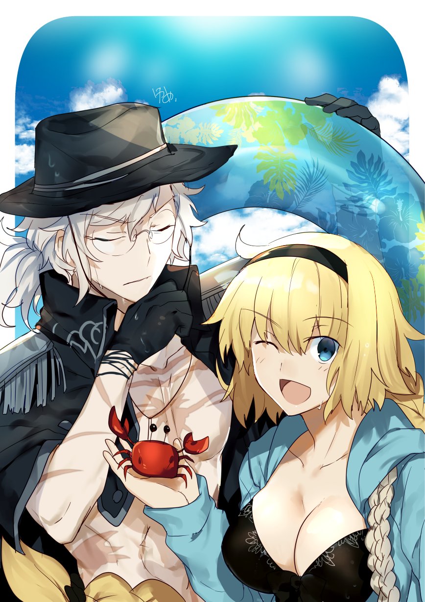 1boy, 1girl, animal, bag, black_coat, black_gloves, black_hairband, black_hat