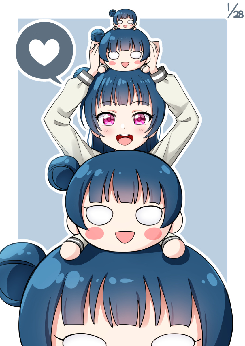 1girl, :d, arms_up, bangs, blue_background, blue_hair, blush, character_doll