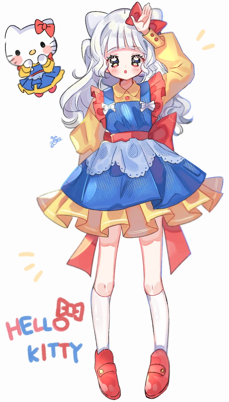 1girl, animal_ears, apron, arm_behind_back, bangs, blue_apron, blunt_bangs, bow