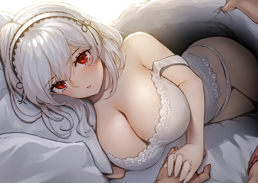 1boy, 1girl, azur_lane, bare_shoulders, bed, bed_sheet, blanket, blush, breasts, cleavage, commentary_request, eyebrows_visible_through_hair, hair_between_eyes, hairband, hand_on_another's_hand, huge_breasts, lace-trimmed_hairband, lingerie, looking_at_viewer, lying, open_mouth, panties, pillow, pov, pyz_(cath_x_tech), red_eyes, short_hair, sidelocks, sirius_(azur_lane), under_covers, underwear, white_hair, white_panties