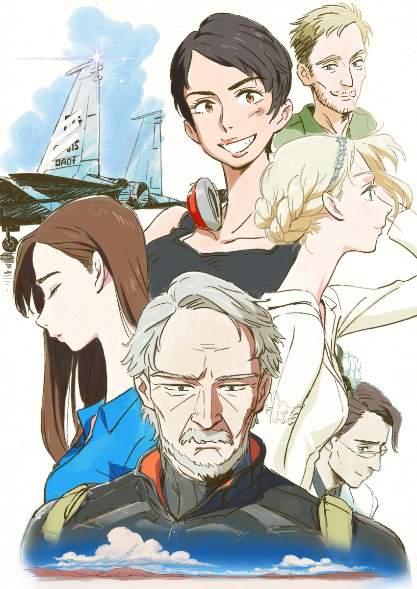 3boys, 3girls, absurdres, ace_combat, ace_combat_7, aircraft, airplane, alma_(ace_combat_7), artist_request, avril_mead, beard, blonde_hair, blue_eyes, blue_sky, brown_eyes, brown_hair, closed, clouds, collarbone, eyes, f-15_eagle, facial_hair, fighter_jet, glasses, hair_ornament, headphones, highres, jet, long_hair, looking_at_viewer, mihaly_a_shilage, military, military_vehicle, mountain, multiple_boys, multiple_girls, mustache, old_man, pilot_suit, profile, rosa_cossette_d'elise, schroeder_(ace_combat_7), short_hair, silver_hair, sky, smile, tabloid_(ace_combat_7), tank_top