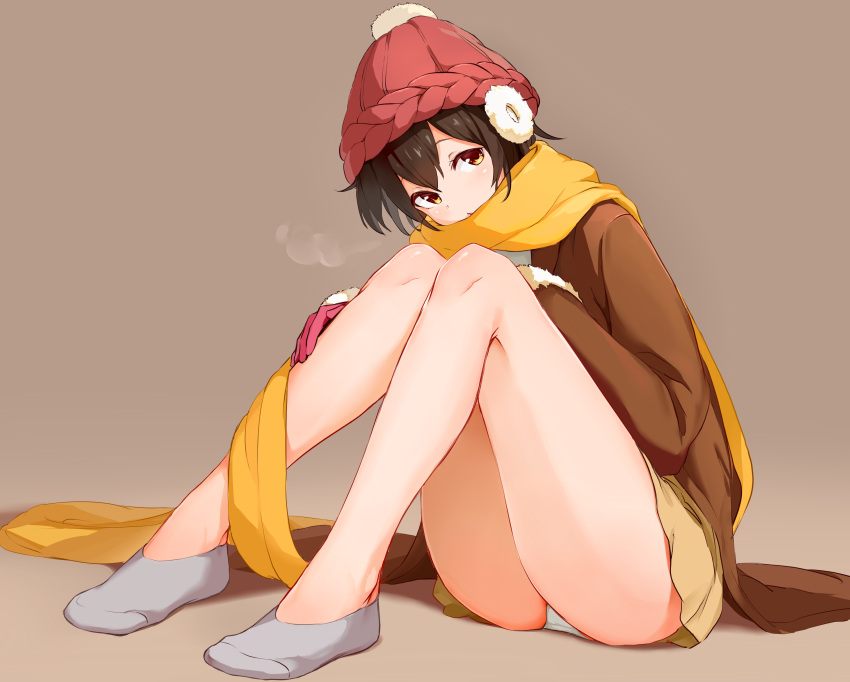 1girl, absurdres, ankle_socks, ass, bangs, beanie, blush, brown_background