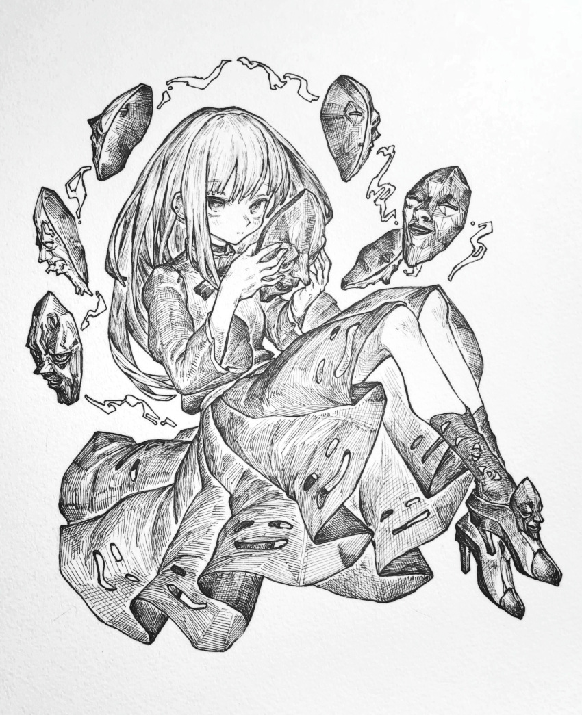 1girl, absurdres, bangs, black_eyes, earrings, eyebrows_visible_through_hair, floating, floating_object, full_body, greyscale, hata_no_kokoro, highres, jewelry, knees_up, long_hair, long_sleeves, looking_at_viewer, mashimashi, mask, monochrome, shoes, simple_background, skirt, socks, solo, touhou, white_background, wide_sleeves