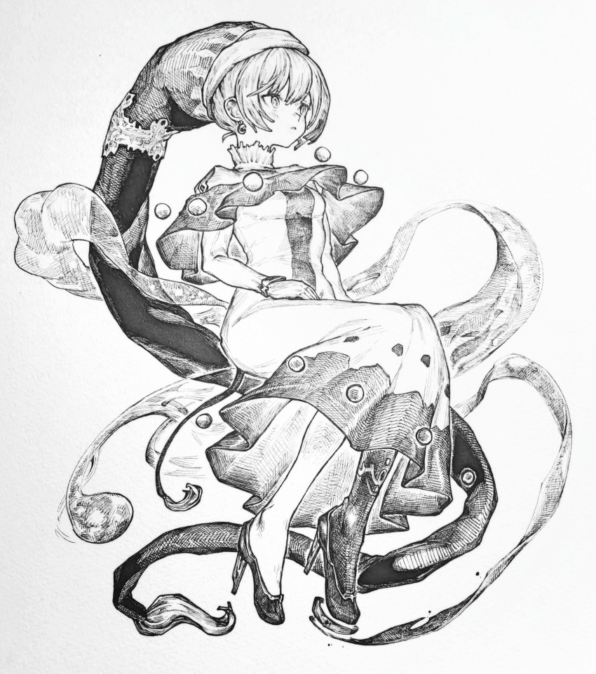 1girl, absurdres, asymmetrical_legwear, bangs, black_footwear, breasts, doremy_sweet, dress