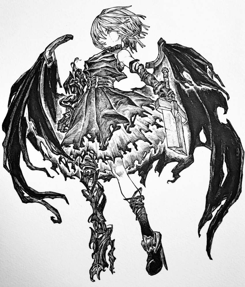 1girl, armor, black_footwear, broken, broken_sword, broken_weapon, dress, elbow_gloves