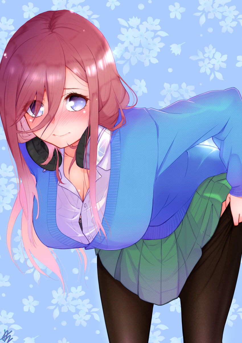 1girl, absurdres, bangs, bent_over, black_bra, blue_cardigan, blue_eyes, blush
