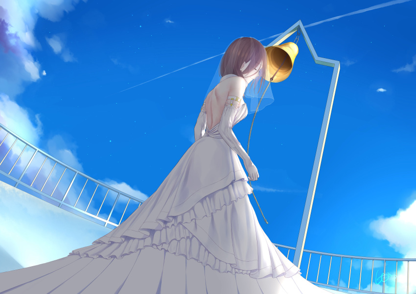 1girl, absurdres, alternate_costume, back, bangs, bell, blue_sky, bridal_veil, bride, brown_hair, closed_eyes, clouds, detached_sleeves, dress, from_below, go-toubun_no_hanayome, halterneck, highres, long_hair, long_skirt, nakano_miku, railing, rope, skirt, sky, smile, solo, user_mnwn3283, veil, wedding_dress, white_dress