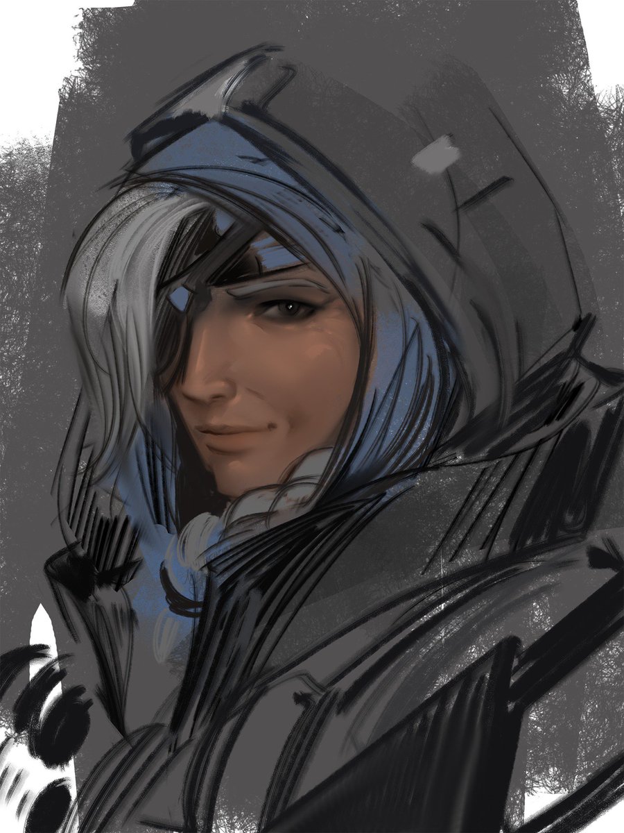 1girl, ana_(overwatch), brown_eyes, coat, dark_skin, eyeliner, eyepatch, facial_mark