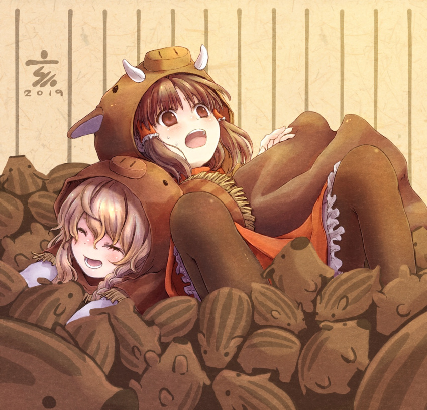 2019, 2girls, bangs, blonde_hair, blush, boar, boar_hood, braid, brown_eyes, brown_hair, brown_legwear, chinese_zodiac, closed_eyes, eyebrows_visible_through_hair, hair_between_eyes, hair_tubes, hakurei_reimu, karioda, kirisame_marisa, looking_up, lower_teeth, lying, lying_on_person, multiple_girls, open_mouth, pantyhose, petticoat, piglet, red_skirt, sidelocks, signature, single_braid, skirt, striped, striped_background, sweatdrop, tan_background, too_many, touhou, year_of_the_pig