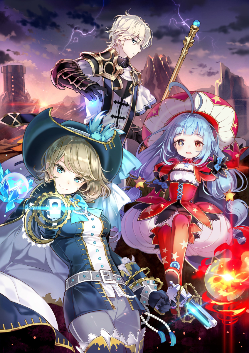 1boy, 2girls, antenna_hair, belt, blue_eyes, blue_hair, blush, boots, breasts, brown_hair, cape, character_request, closed_mouth, crystal, dual_wielding, elemental_master_(latale), eyebrows_visible_through_hair, fire, gears, gloves, gun, hair_between_eyes, hat, heterochromia, highres, holding, latale, lightning, long_hair, looking_at_viewer, low_twintails, medium_breasts, mimi_(ranma3049), multiple_girls, pants, parted_lips, profile, red_eyes, red_footwear, short_hair, smile, staff, standing, star, star-shaped_pupils, star_print, sun, sunset, symbol-shaped_pupils, thigh-highs, thigh_boots, twintails, very_long_hair, weapon, white_hair