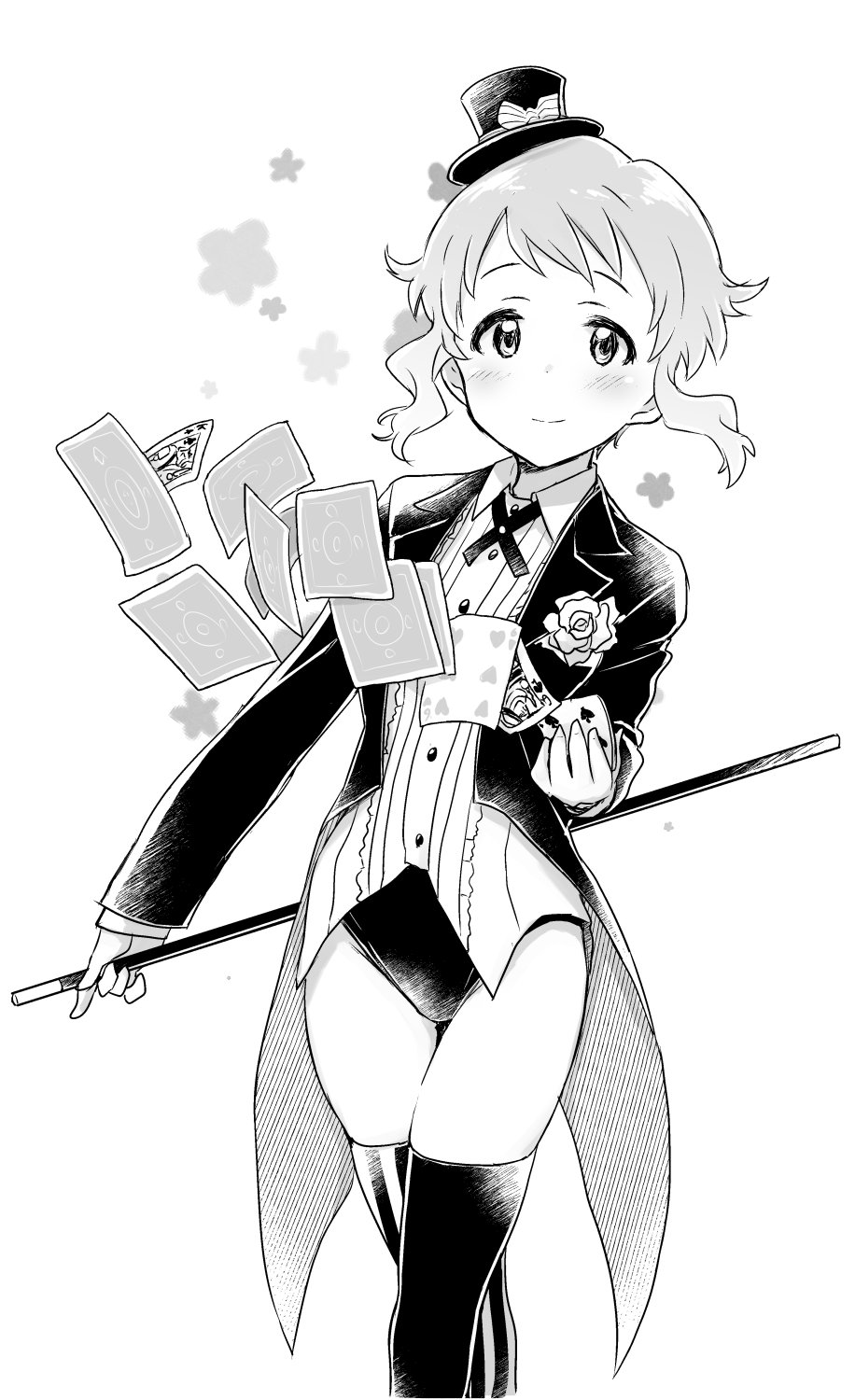 1girl, baton, collared_shirt, commentary_request, greyscale, hat, highres, idolmaster
