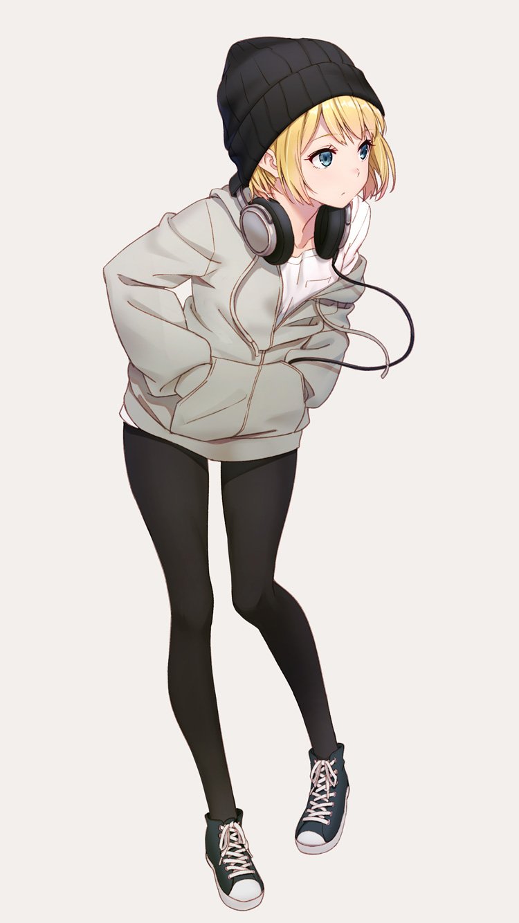 1girl, beanie, black_hat, black_legwear, blonde_hair, blue_eyes, hands_in_pockets, hat, headphones, headphones_around_neck, high_tops, highres, hood, hoodie, hyuuga_azuri, original, pantyhose, shoes, short_hair, sneakers