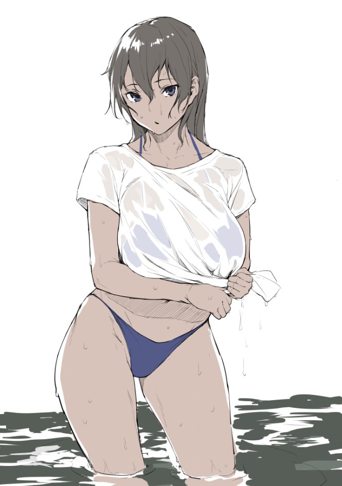 1girl, bikini, black_hair, blue_bikini, blue_eyes, breasts, contrapposto, cowboy_shot