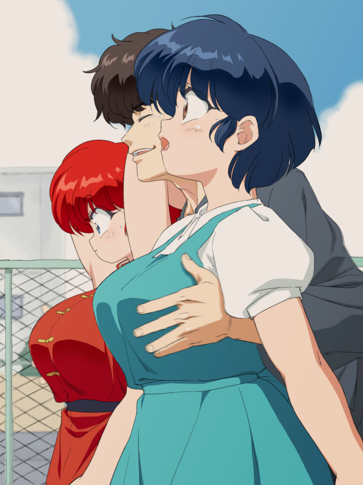 1boy, 2girls, arms_behind_head, arms_up, bangs, black_shirt, blue_eyes, blue_hair