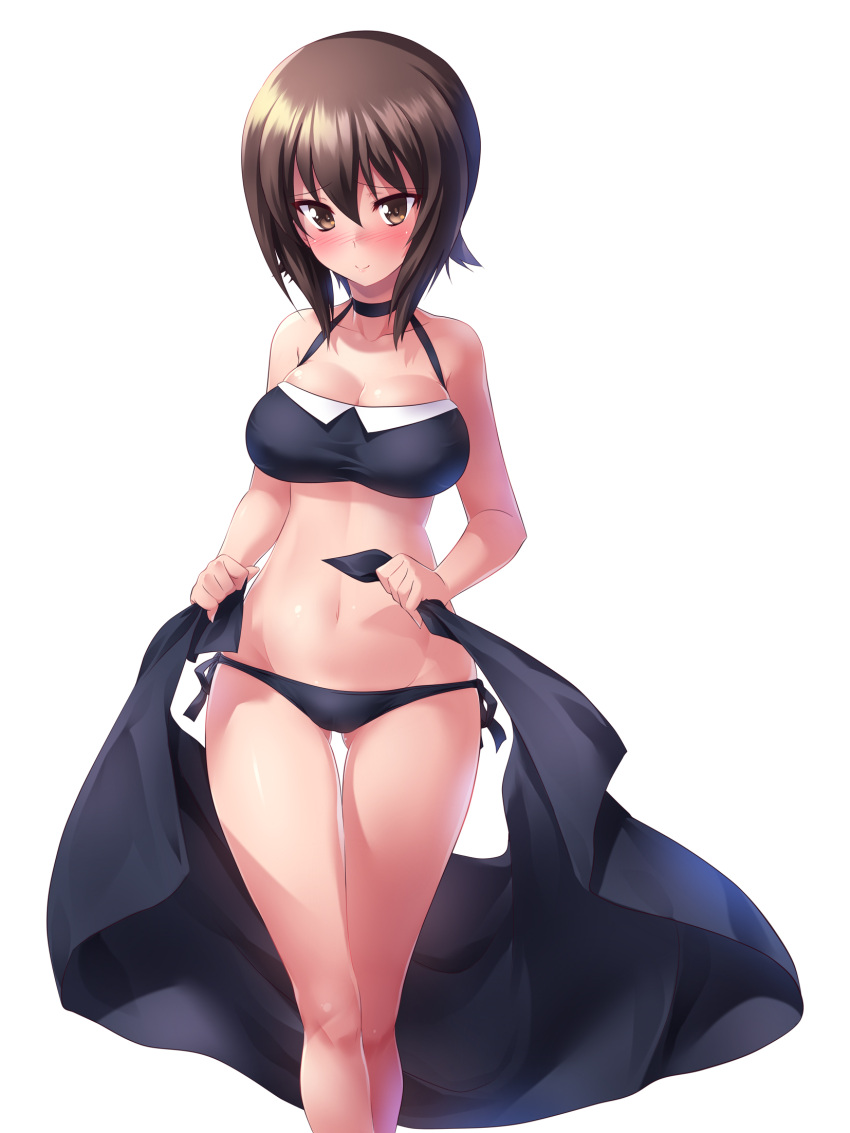 1girl, bangs, bikini, black_bikini, black_choker, black_sarong, blush, breasts