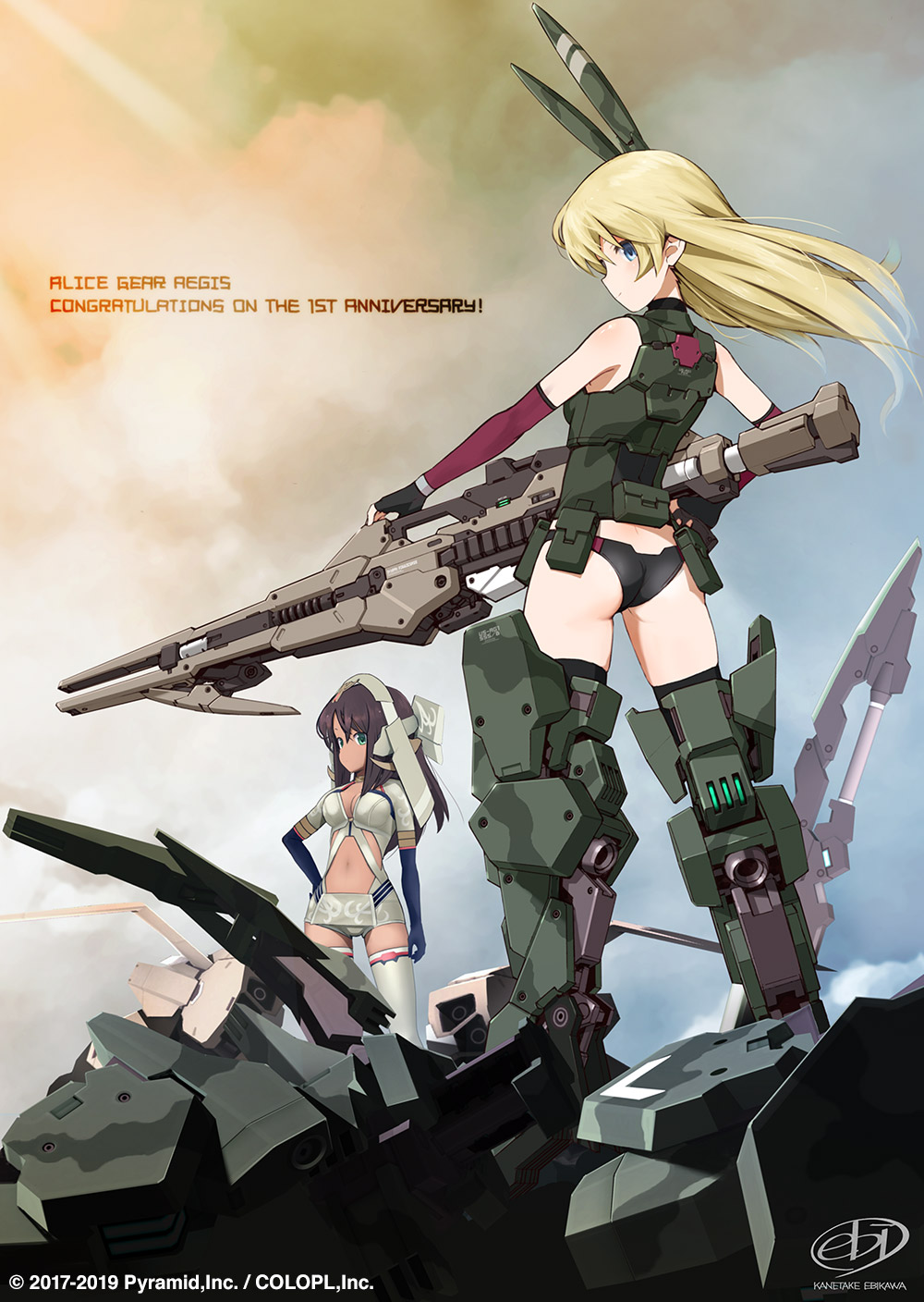 2girls, alice_gear_aegis, animal_ears, anniversary, arm_at_side, armor, ass, bare_shoulders, black_panties, blonde_hair, blue_eyes, brown_hair, camouflage_paint, clouds, cloudy_sky, copyright_name, dark_skin, ebikawa_kanetake, elbow_gloves, fingerless_gloves, from_behind, gloves, green_eyes, gun, hand_on_hip, highres, holding, holding_gun, holding_weapon, kaneshiya_sitara, long_hair, mecha_musume, midriff, multiple_girls, navel, outdoors, panties, profile, rabbit_ears, rubble, signature, sky, sleeveless, standing, thigh-highs, underwear, virginia_glynnberets, weapon