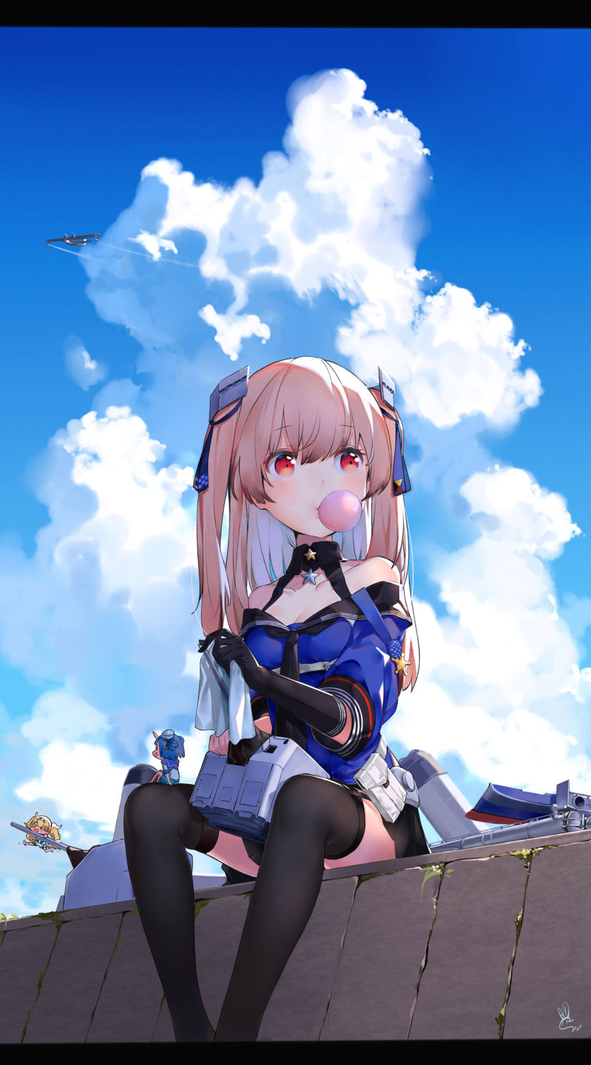>_<, 3girls, :d, black_gloves, black_skirt, blonde_hair, blue_hair, blue_sailor_collar