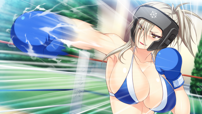 amagai_yukino, bare_shoulders, boxing, boxing_gloves, boxing_headgear, boxing_ring, breasts, large_breasts