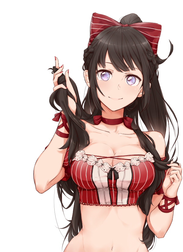 1girl, black_hair, blue_eyes, bow, bra, breasts, choker, cleavage