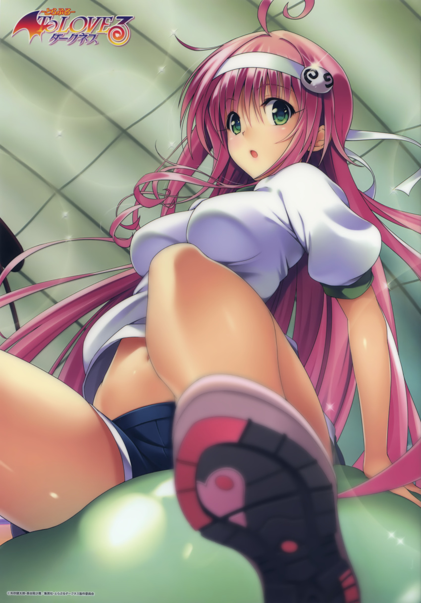 1girl, :o, absurdres, arm_support, blue_shorts, breasts, copyright_name, floating_hair, from_below, green_eyes, gym_uniform, hair_ornament, highres, hoge, indoors, lala_satalin_deviluke, lens_flare, long_hair, looking_at_viewer, medium_breasts, midriff, navel, pink_hair, shiny, shiny_hair, shiny_skin, shirt, shoes, short_shorts, short_sleeves, shorts, sitting, sneakers, solo, sparkle, stomach, to_love-ru, very_long_hair, white_headband, white_shirt, yabuki_kentarou