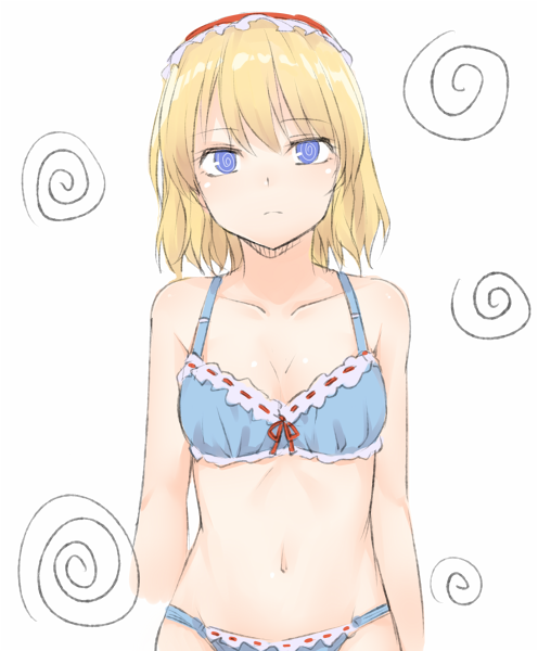 1girl, @_@, alice_margatroid, bangs, bare_arms, bare_shoulders, blonde_hair, blue_bra