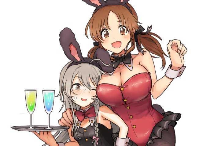 2girls, :d, a_ichi, ahoge, animal_ears, arm_around_shoulder, bare_shoulders, black_neckwear, blush, bow, bowtie, braid, breast_envy, breasts, brown_eyes, brown_hair, bunny_tail, bunnysuit, buttons, cleavage, clueless, cup, detached_collar, drinking_glass, face_to_breasts, fake_animal_ears, fishnet_legwear, fishnets, grey_eyes, grey_hair, height_difference, hoshi_shouko, idolmaster, idolmaster_cinderella_girls, large_breasts, long_hair, looking_at_breasts, looking_at_viewer, multiple_girls, one_eye_closed, open_mouth, pantyhose, rabbit_ears, red_neckwear, side-by-side, side_braid, single_braid, small_breasts, smile, sweatdrop, tail, tied_hair, totoki_airi, tray, twintails, white_background, wine_glass, wing_collar