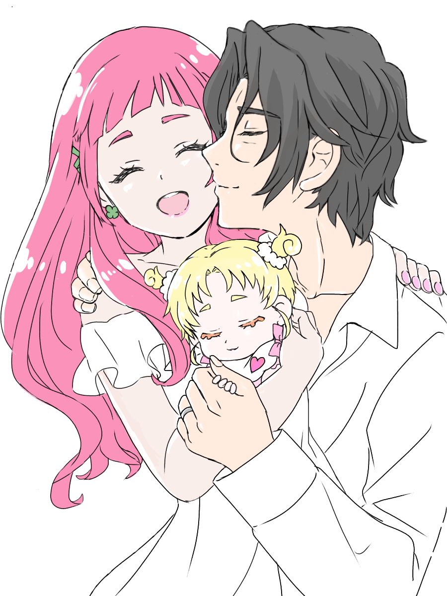 1boy, 2girls, baby, black_hair, blonde_hair, cheek_kiss, closed_eyes, father_and_daughter