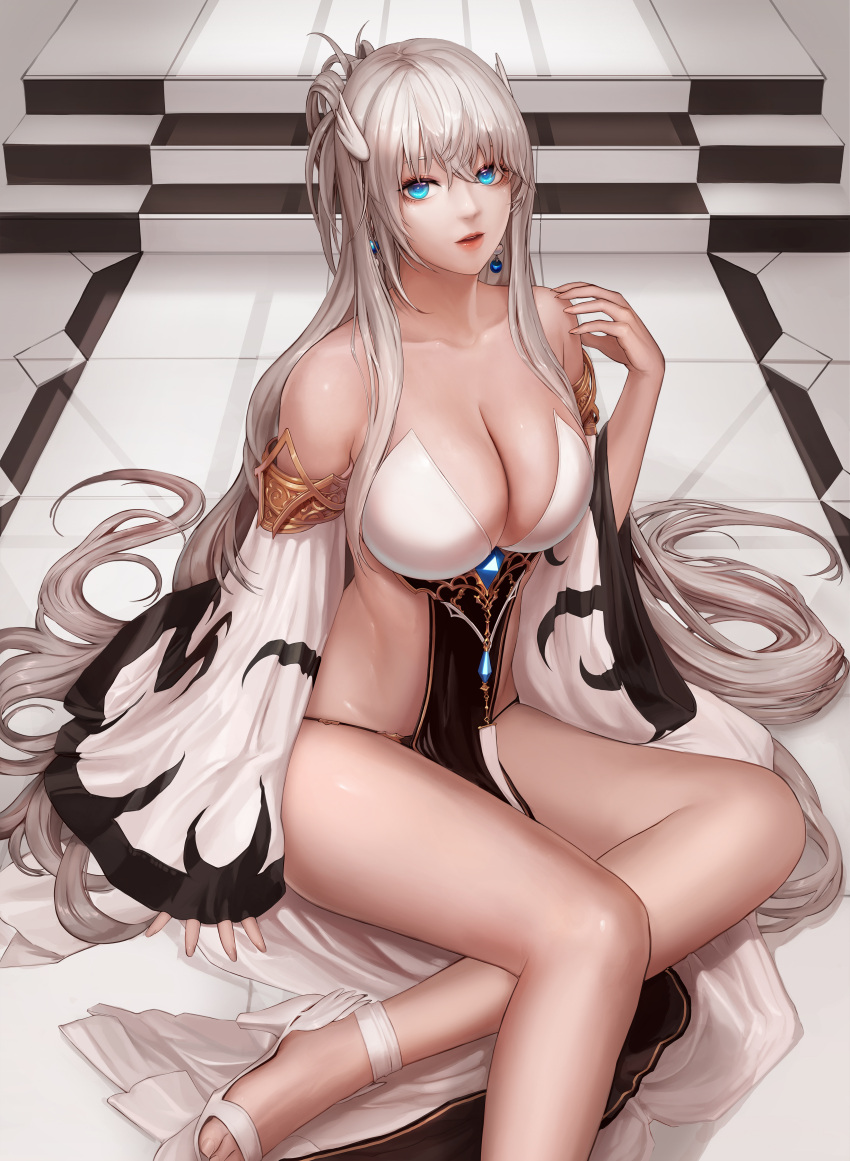 1girl, absurdres, bangs, bare_legs, bare_shoulders, black_panties, blue_eyes, breasts