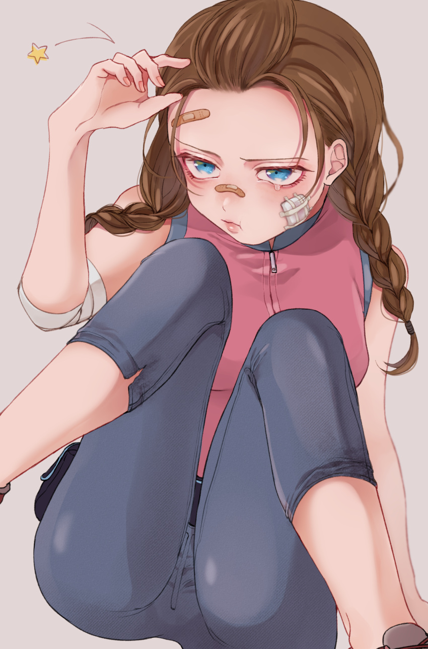 1girl, bandage, bare_arms, bare_shoulders, blue_eyes, braid, breasts, commentary_request