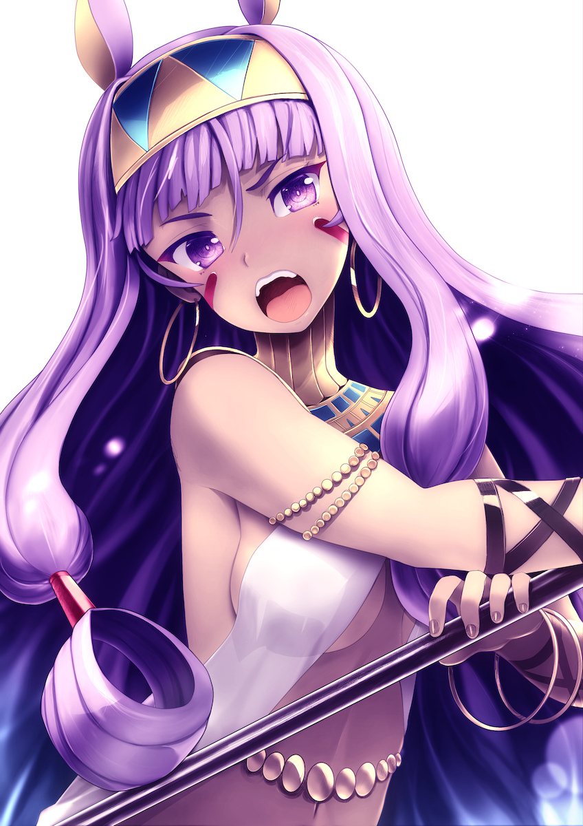 1girl, animal_ears, bangs, bare_arms, breasts, commentary_request, dark_skin, earrings