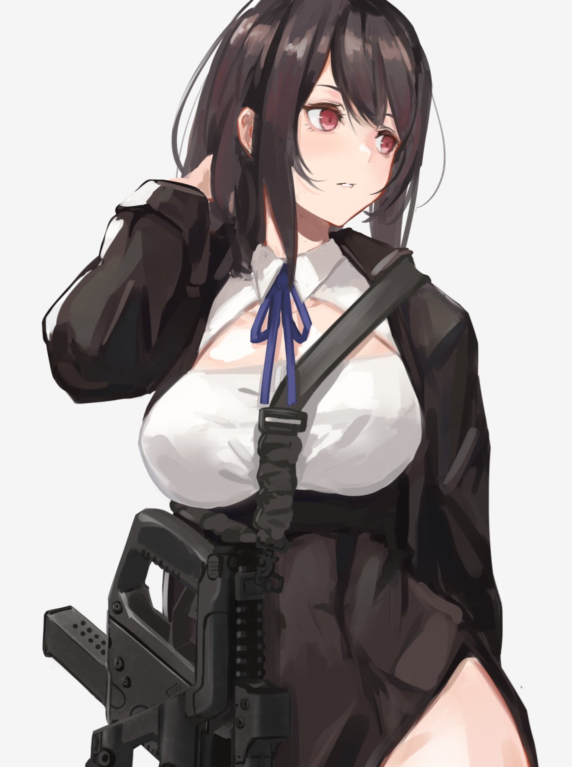 1girl, arm_behind_back, bangs, biting, black_jacket, breasts, cleavage, cleavage_cutout, commentary_request, eyebrows, gun, hair_between_eyes, hand_in_hair, head_tilt, highres, jacket, kriss_vector, large_breasts, lip_biting, long_sleeves, looking_to_the_side, neck, original, pelvic_curtain, purple_hair, red_eyes, sidelocks, sight, simple_background, sling_(weapon), solo, standing, string_tie, submachine_gun, takagaki_eru, thighs, underbust, weapon, white_background