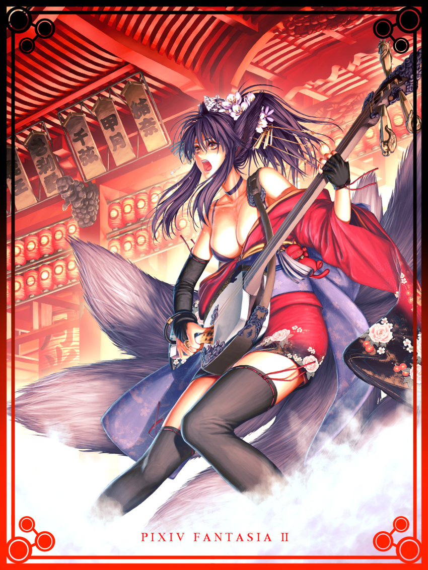 aoi_subaru, bachi, bare_shoulders, breasts, cleavage, elbow_gloves, fingerless_gloves, flower