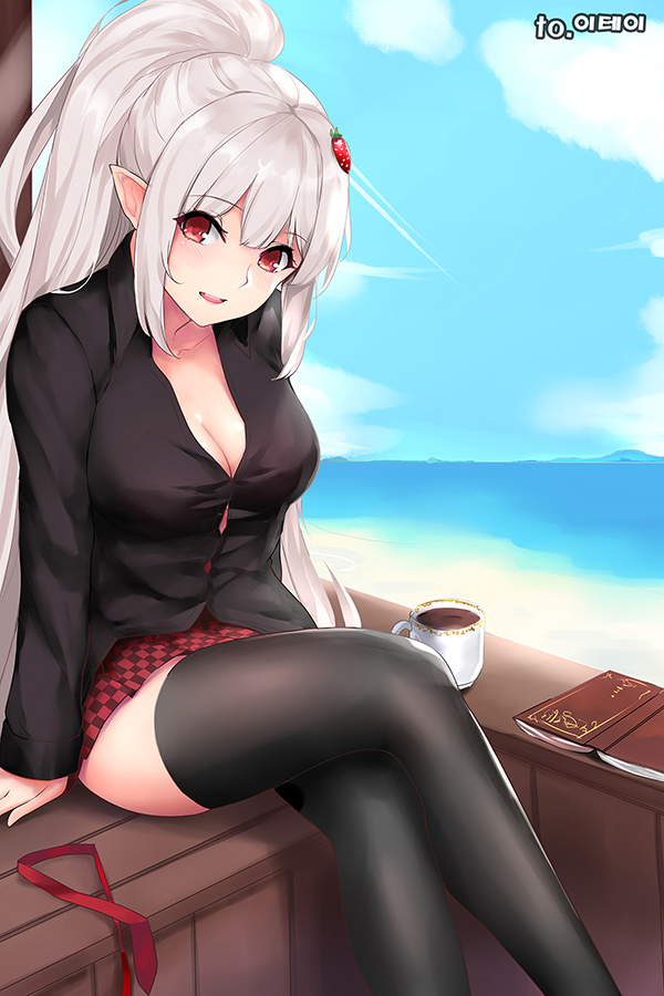 1girl, :d, bangs, black_legwear, black_shirt, blue_sky, book, breasts