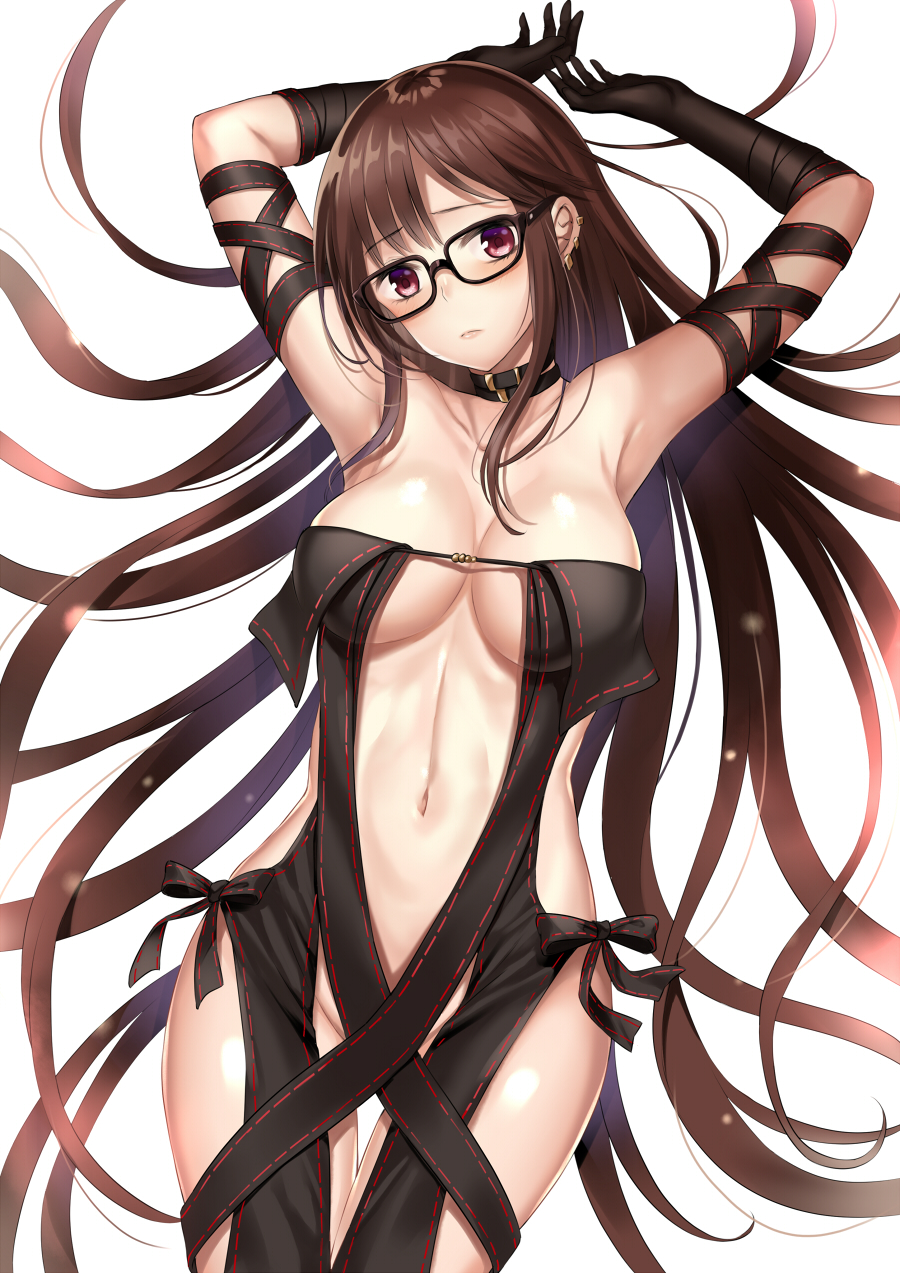 1girl, armpits, arms_up, bangs, bare_shoulders, black-framed_eyewear, black_choker, black_dress