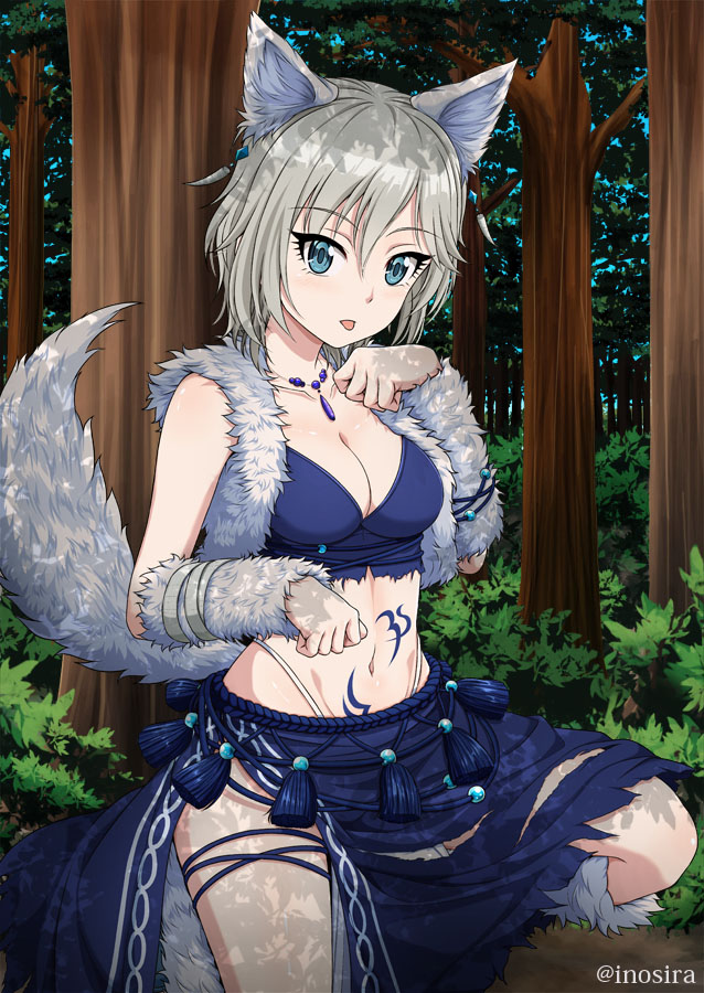 1girl, :p, anastasia_(idolmaster), animal_ears, bangs, blue_eyes, blue_skirt, blush