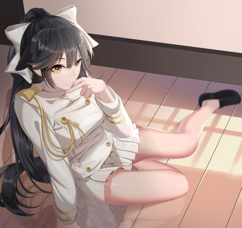 1girl, absurdres, animal_ears, azur_lane, bangs, black_footwear, black_hair, blush, bow, breasts, brown_eyes, commentary_request, day, eyebrows_visible_through_hair, gloves, hair_bow, hair_flaps, hand_up, henz_(86551650), highres, indoors, large_breasts, long_hair, looking_at_viewer, military, military_uniform, miniskirt, no_legwear, pleated_skirt, ponytail, ribbon, shoes, skirt, solo, takao_(azur_lane), thighs, uniform, very_long_hair, white_bow