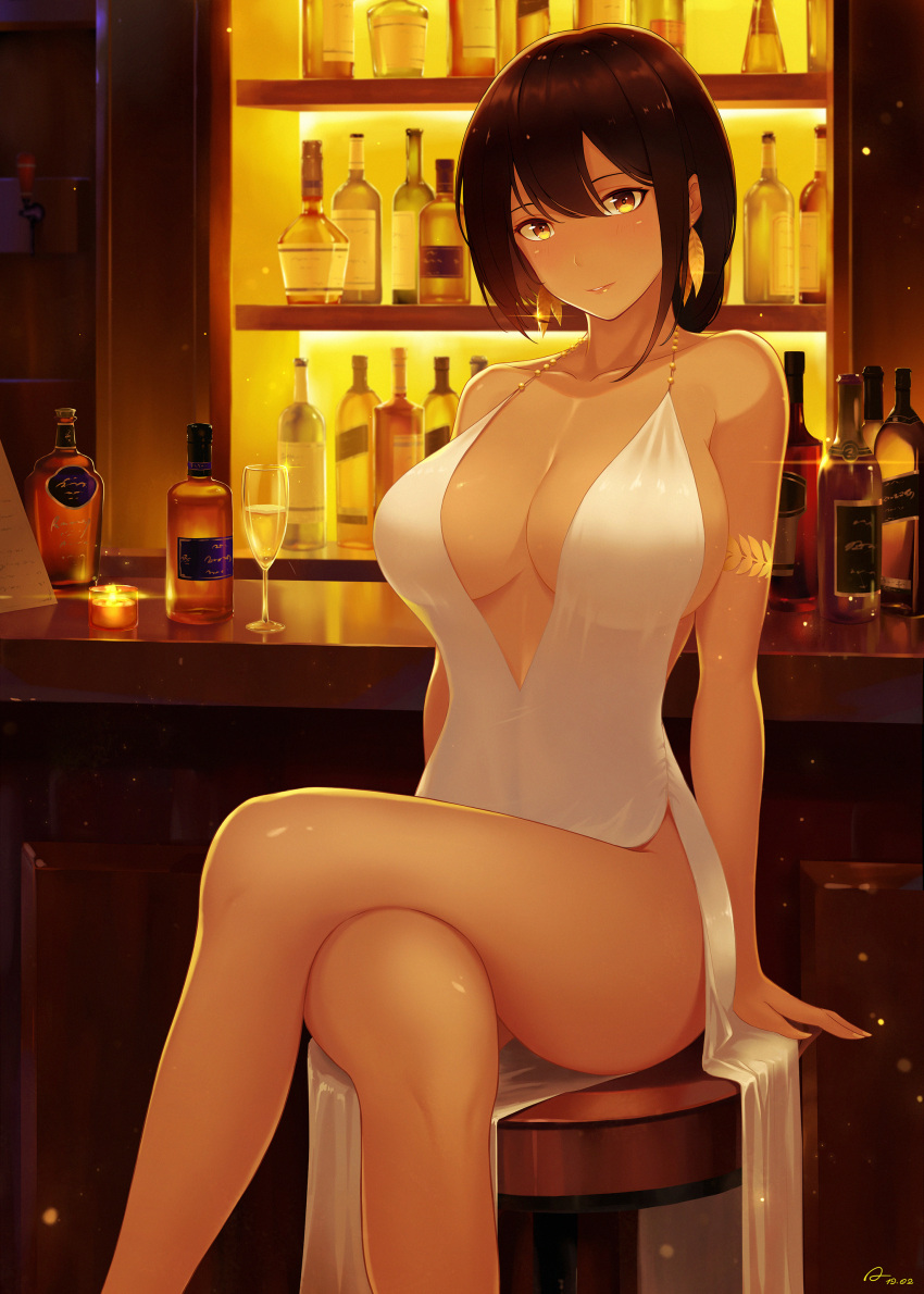 1girl, absurdres, alcohol, alexiel_(pixiv6211566), arm_support, armlet, azur_lane, backless_dress