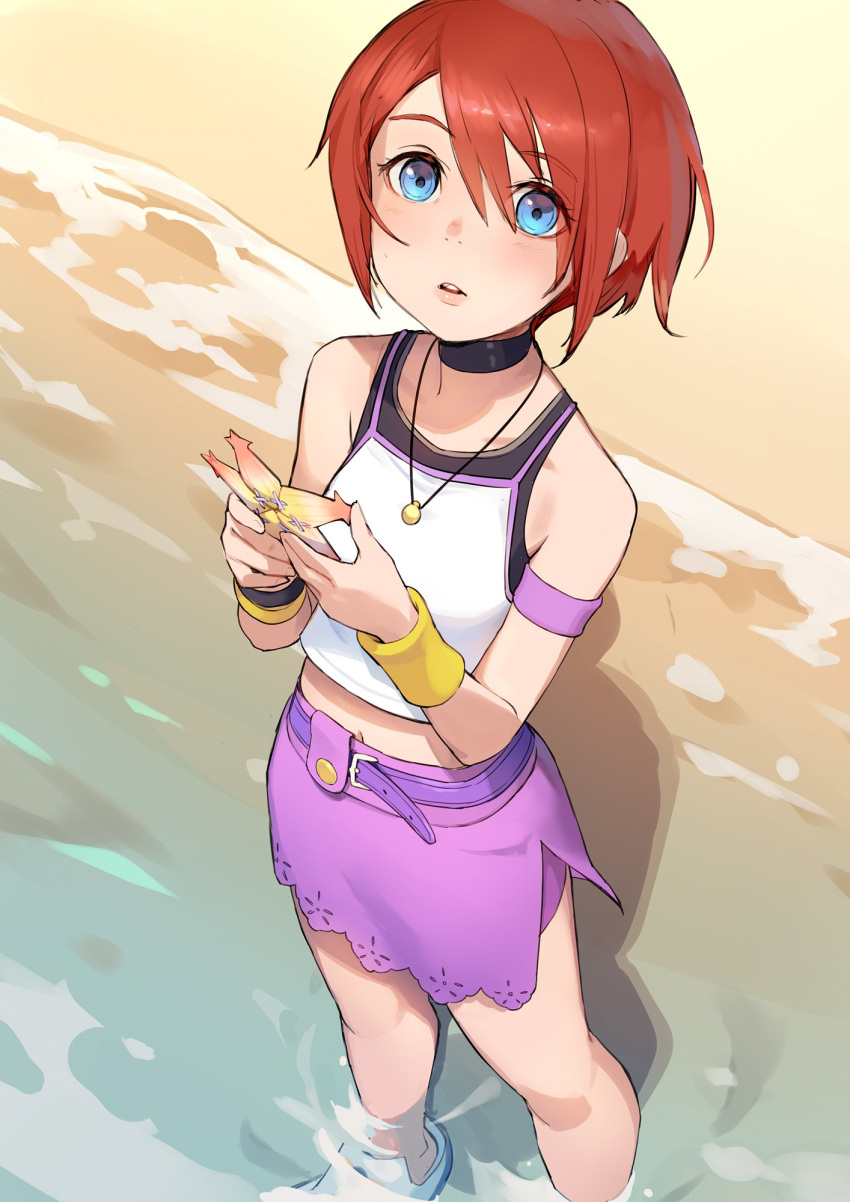 1girl, armband, beach, belt, blue_eyes, choker, cute, disney
