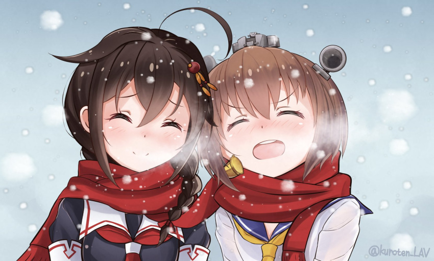 2girls, black_hair, black_serafuku, blush, braid, brown_hair, closed_eyes, closed_mouth