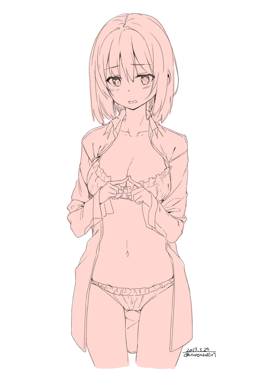 1girl, absurdres, bangs, blush, bra, breasts, cleavage, collarbone, collared_shirt, commentary_request, copyright_request, cowboy_shot, dated, dress_shirt, frilled_bra, frilled_panties, frills, furrowed_eyebrows, hands_up, hatching_(texture), highres, long_sleeves, looking_away, medium_hair, midriff, monochrome, navel, nervous, open_clothes, open_cuffs, open_shirt, panties, pink, shirt, signature, simple_background, sketch, solo, standing, stomach, unasaka_ryou, underwear, wavy_mouth, white_background, wing_collar