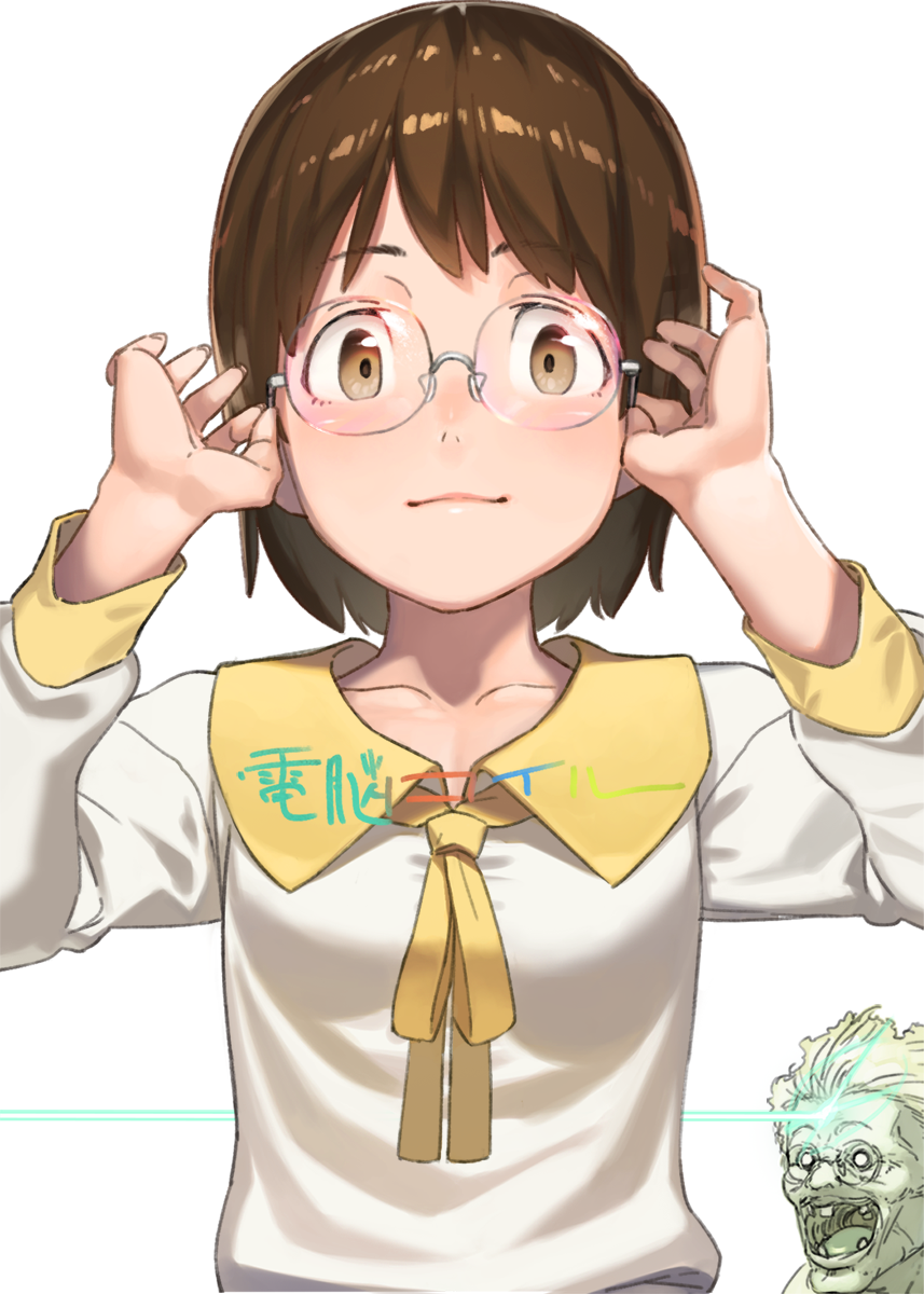 2girls, adjusting_eyewear, bangs, blush, brown_eyes, brown_hair, dennou_coil, glasses