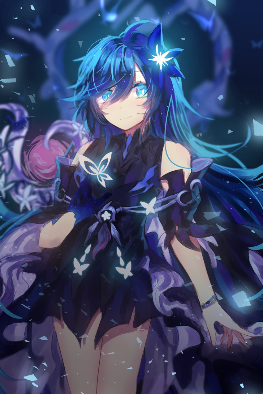 1girl, bangs, black_dress, blue_eyes, blue_hair, butterfly, dress, elsword