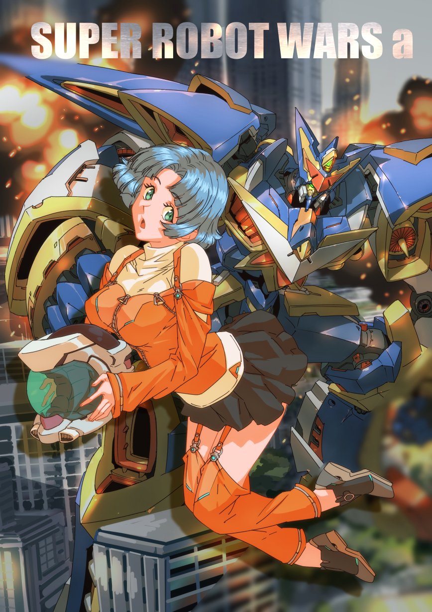 1girl, blue_eyes, blue_hair, city, copyright_name, explosion, garter_straps, grungust_nishiki, highres, kikuta_kouichi, kusuha_mizuha, mecha, short_hair, space_helmet, super_robot_wars, super_robot_wars_alpha, zipper