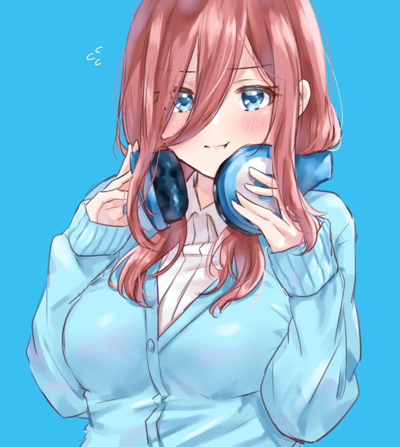 1girl, :t, blue_background, blue_cardigan, blue_eyes, blush, brown_hair, cardigan