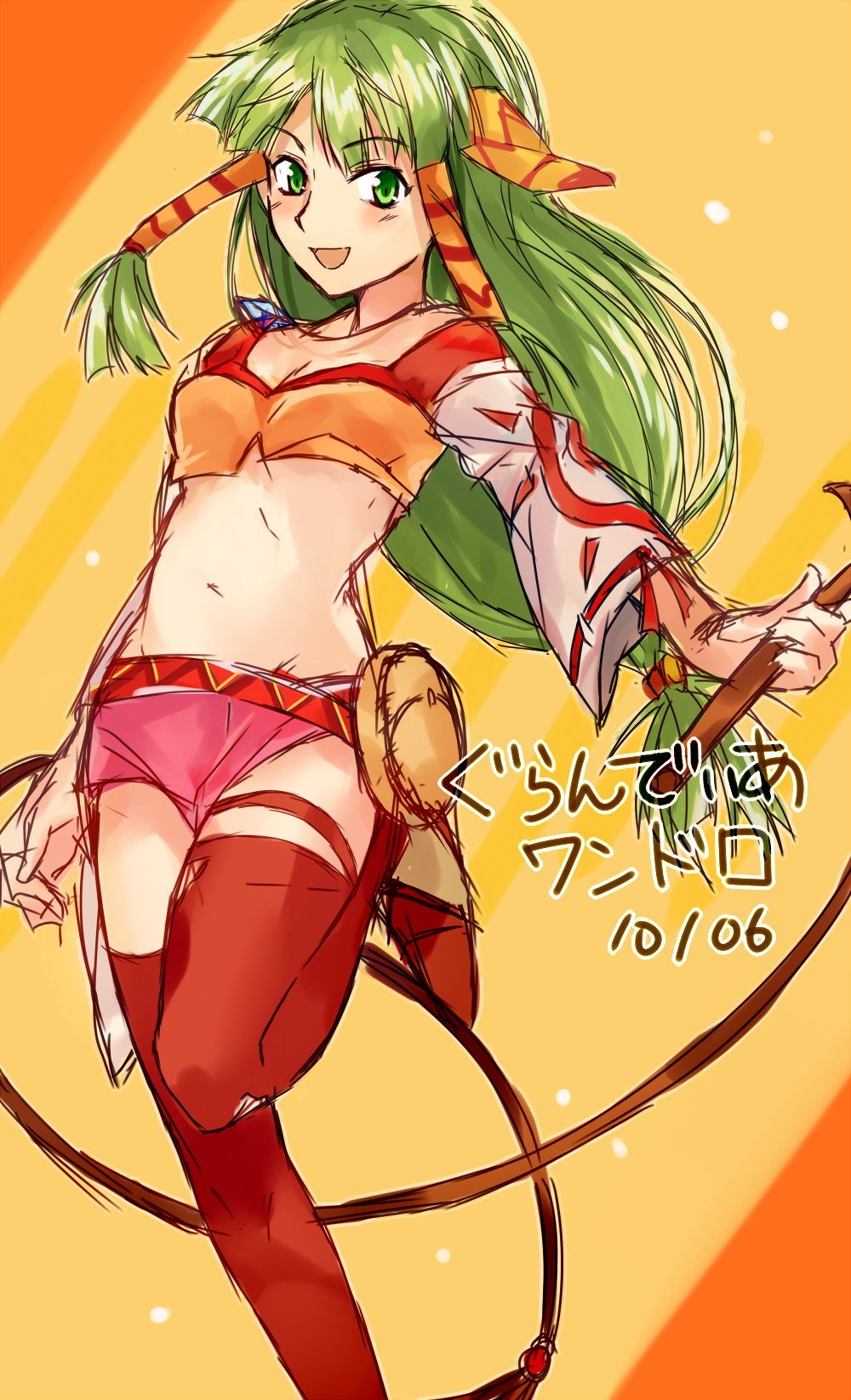 1girl, breasts, commentary_request, feena_(grandia), grandia, grandia_i, green_eyes, green_hair, groin, hair_tubes, highres, jewelry, long_hair, low-tied_long_hair, midriff, necklace, ruru_kirby, skirt, smile, solo, thigh-highs, weapon, whip